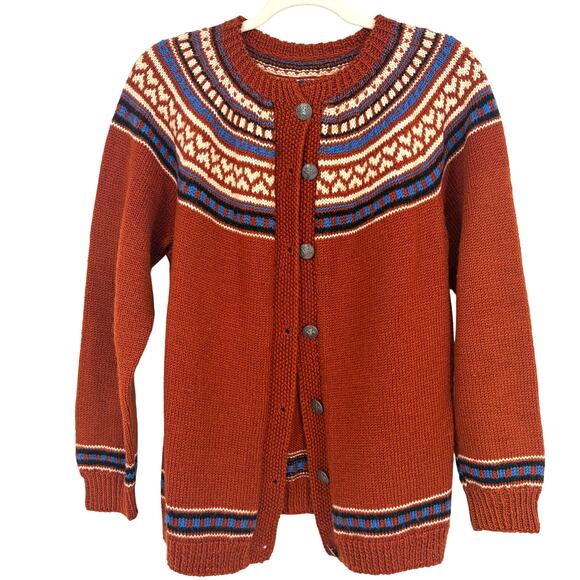 Handmade Sweaters - Handmade Hand Knit Women's Rusty Orange Fair Isle Cardigan Sweater Size Medium